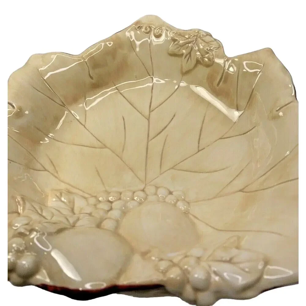 Hallmark Embossed‎ Grape Leaf and Fruit Ceramic Bowl Wine and Ivory 8 1/2